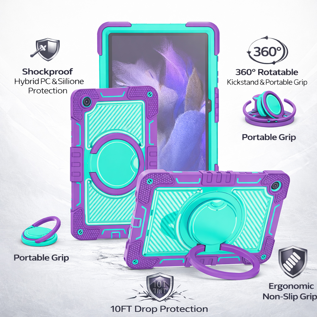 TOZIZO Silicone Shockproof Case for Samsung Tab A9 Plus/A11 Plus with Rotating Kickstand - Purple Blue