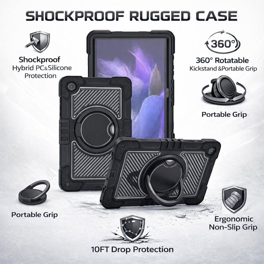 TOZIZO Rugged Black Shockproof Tablet Case for Samsung Tab A9 Plus/A11 Plus with 360° Stand