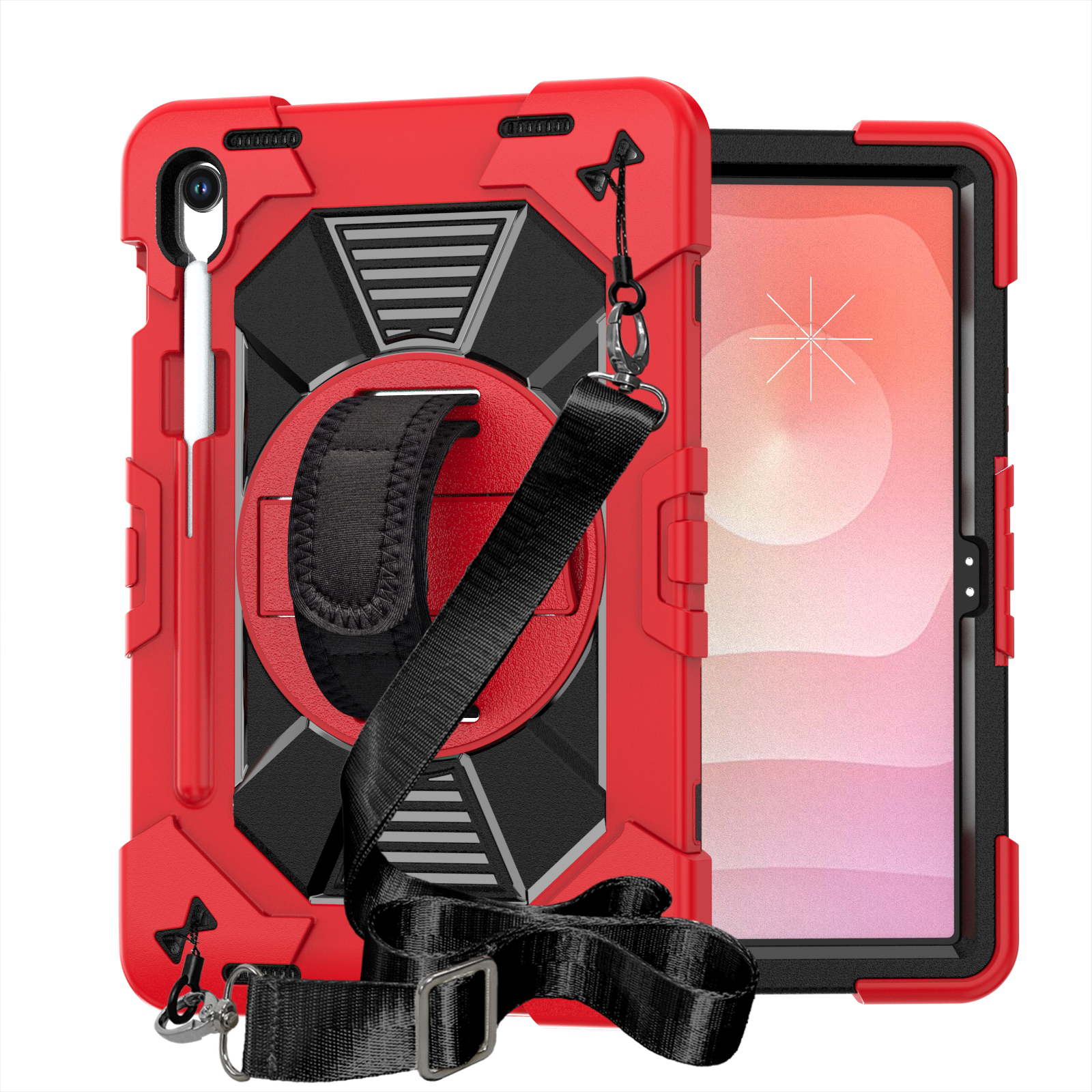 TOZIZO Red Shockproof Samsung Galaxy Tab S9/S9 FE/S10 FE Case with 360 Swivel Stand and Adjustable Strap