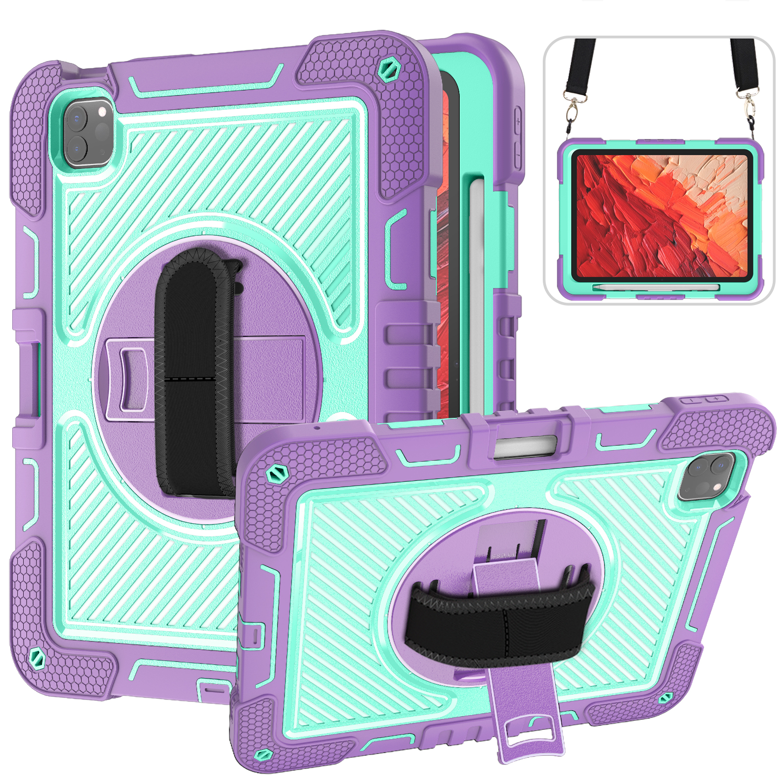 TOZIZO for iPad Pro 11 2024 Purple Mint Multifunction Drop Protection Case with Swivel Stand & Hand Strap