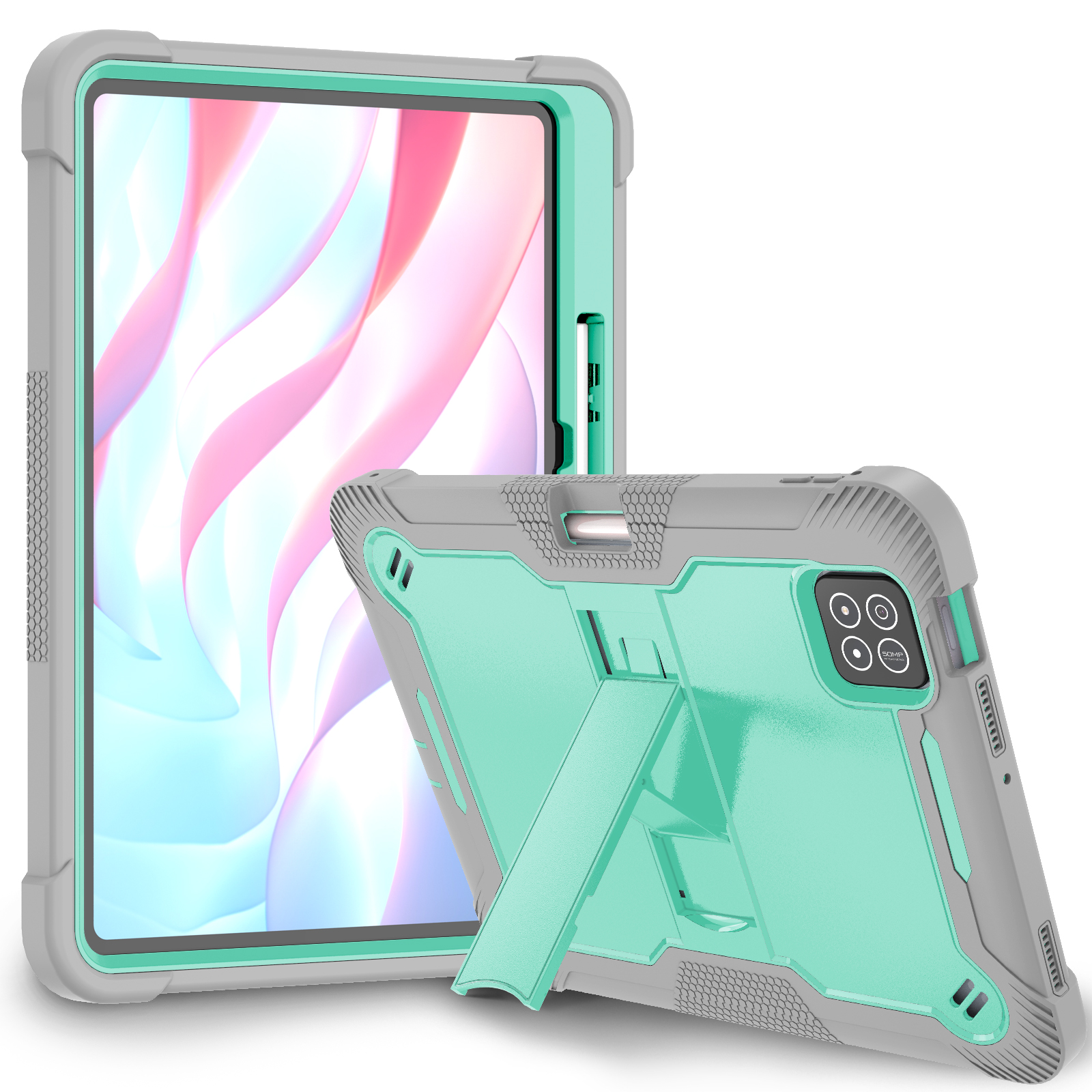 TOZIZO Mint Green + Gray Heavy Duty Rugged Tablet Case for Xiaomi Pad 7 / 7 Pro 11.2 Inch with Kickstand Shockproof Full Body Cover