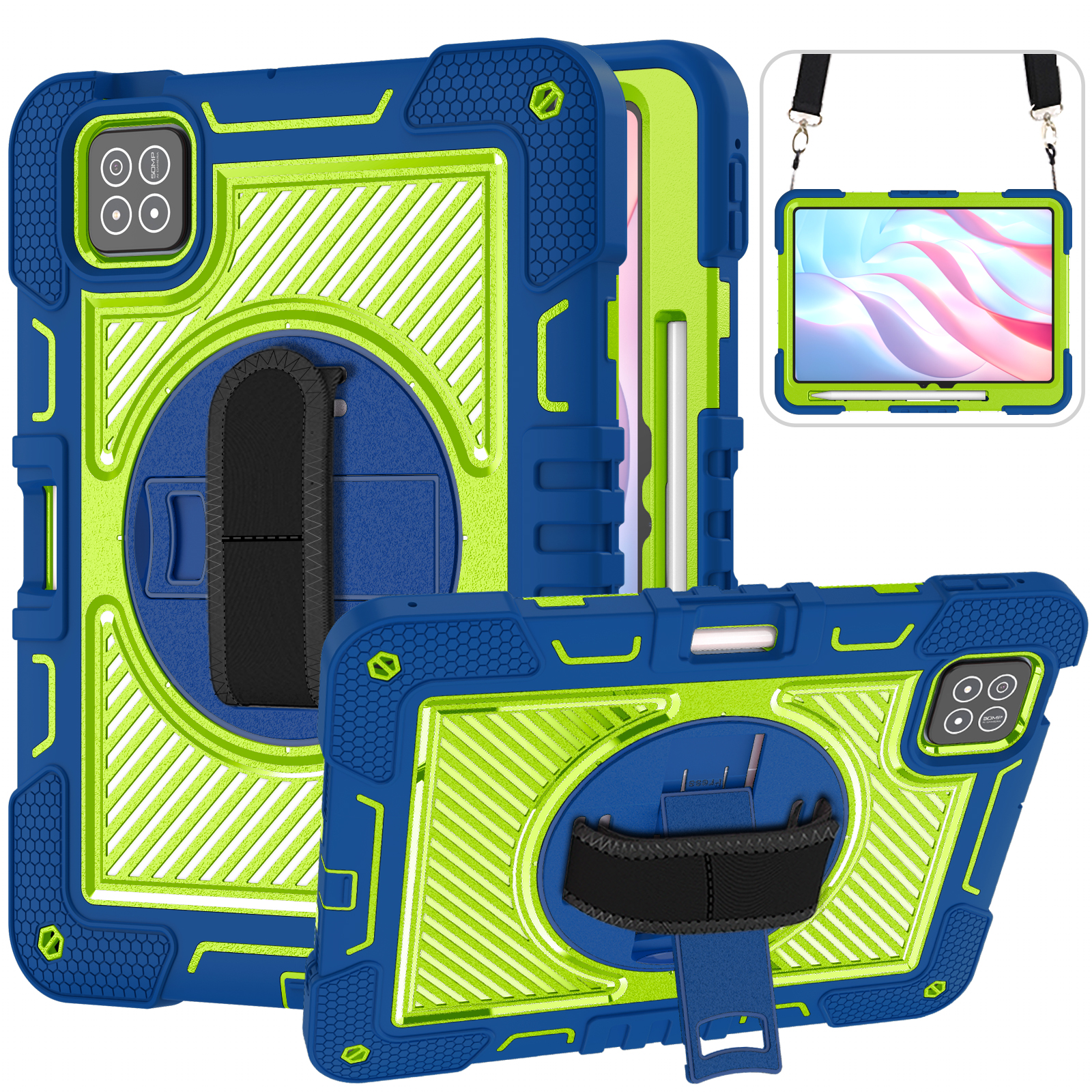 TOZIZO Heavy Duty Shockproof Tablet Case for Xiaomi Pad 8/Pad 8 Pro 11.2 Inch with 360° Stand - Navy Blue & Yellow Green