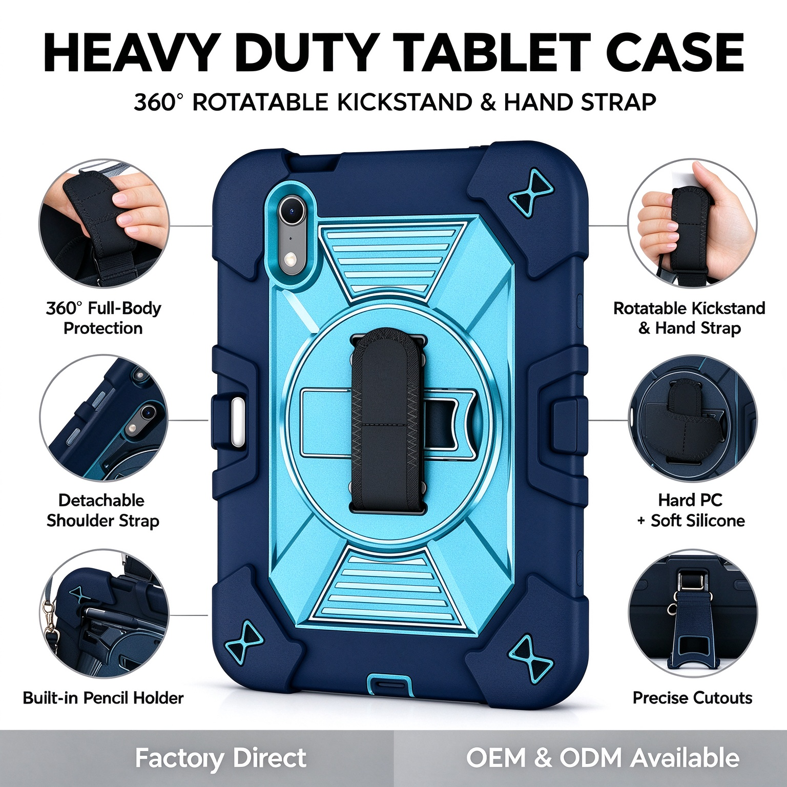 TOZIZO Navy Blue Protective Tablet Case with 360° Rotating Stand, Adjustable Hand Strap and Wide Shoulder Strap, Silicone PC Three-in-One Cover for iPad Mini 8