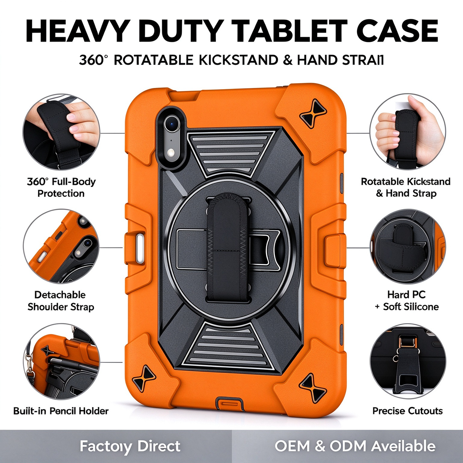 TOZIZO Orange Protective Tablet Case with 360° Rotating Stand, Adjustable Hand Strap and Wide Shoulder Strap, Silicone PC Three-in-One Cover for iPad Mini 8