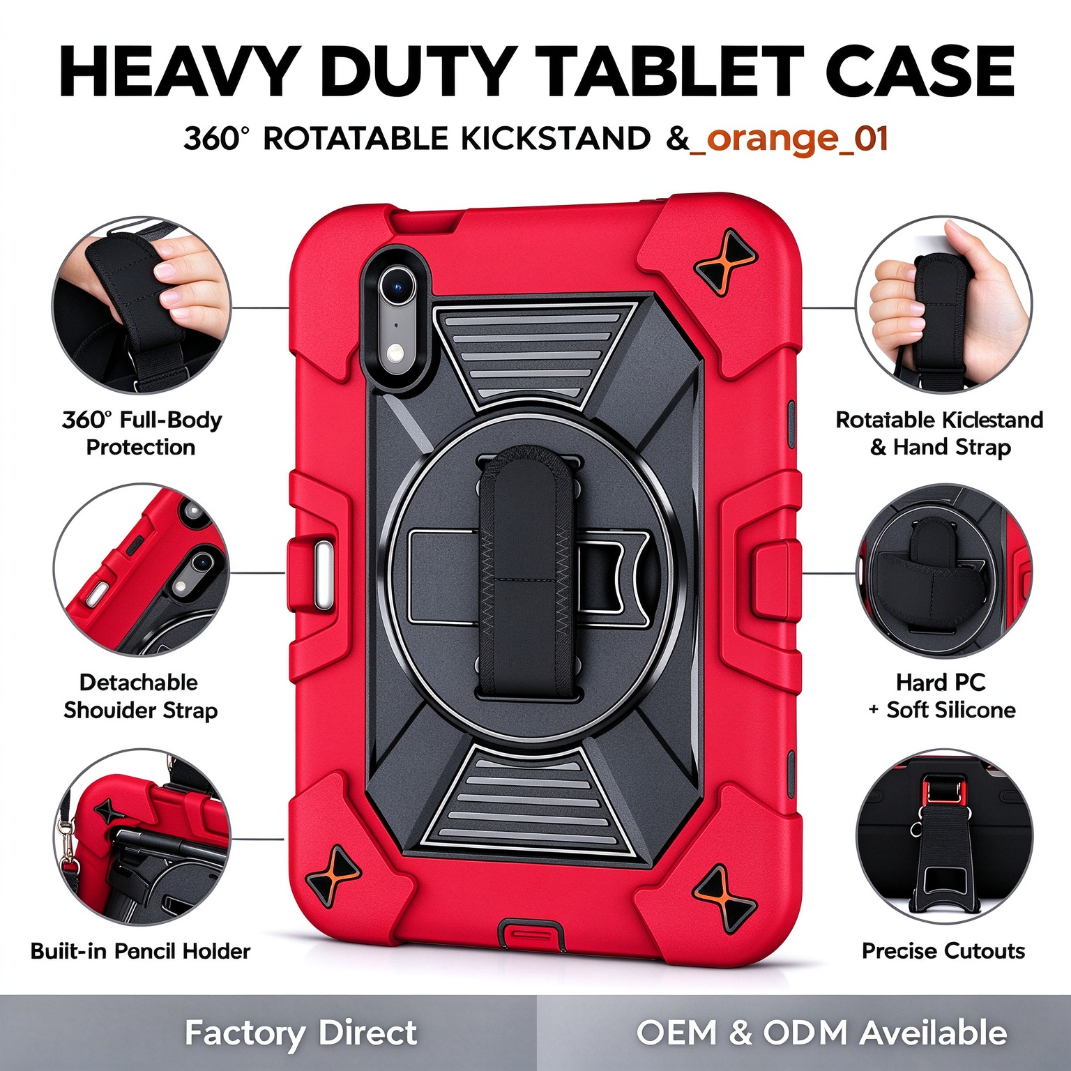 TOZIZO Red Protective Tablet Case with 360° Rotating Stand, Adjustable Hand Strap and Wide Shoulder Strap, Silicone PC Three-in-One Cover for iPad Mini 8