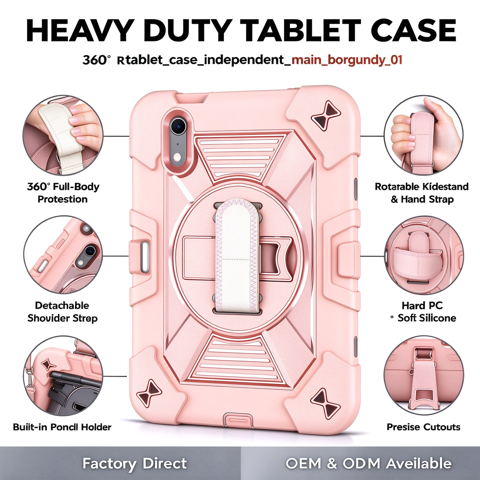 TOZIZO Rose Gold Protective Tablet Case with 360° Rotating Stand, Adjustable Hand Strap and Wide Shoulder Strap, Silicone PC Three-in-One Cover for iPad Mini 8