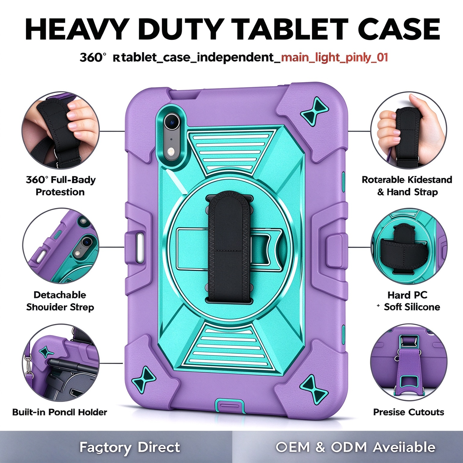 TOZIZO Purple Mint Protective Tablet Case with 360° Rotating Stand, Adjustable Hand Strap and Wide Shoulder Strap, Silicone PC Three-in-One Cover for iPad Mini 8