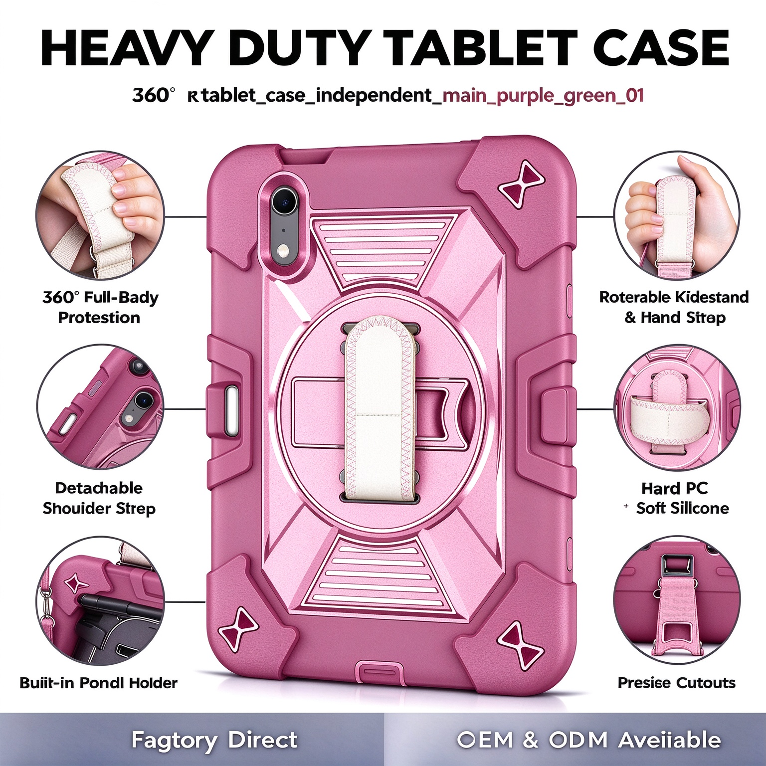 TOZIZO Rose Red Protective Tablet Case with 360° Rotating Stand, Adjustable Hand Strap and Wide Shoulder Strap, Silicone PC Three-in-One Cover for iPad Mini 8