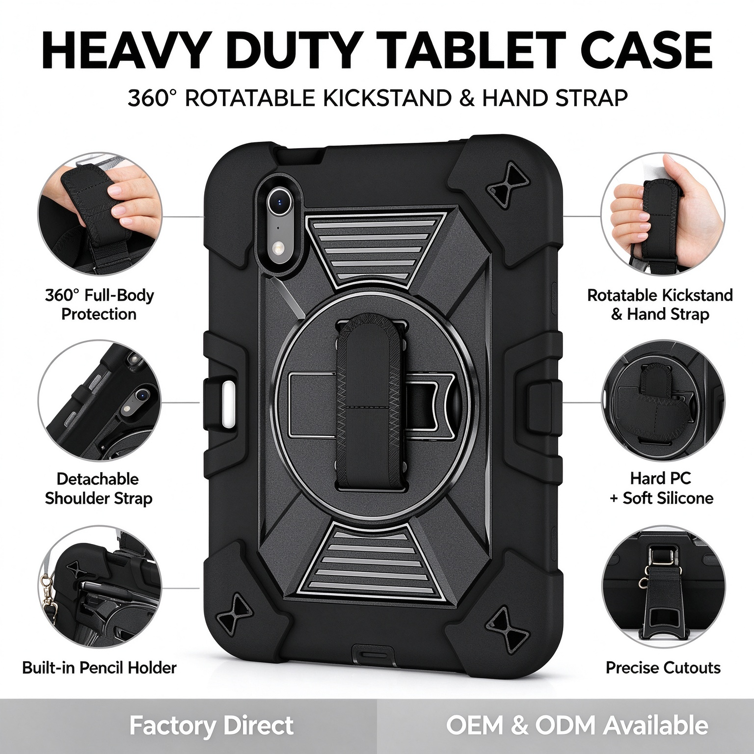 TOZIZO Black Protective Tablet Case with 360° Rotating Stand, Adjustable Hand Strap and Wide Shoulder Strap, Silicone PC Three-in-One Cover for iPad Mini 8