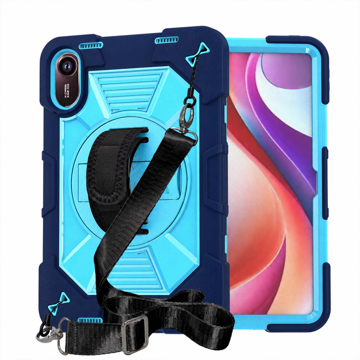 TOZIZO Navy Blue Enterprise Case for Redmi Pad 2 – 360° Rotating Stand, Secure Hand Strap & Crossbody Shoulder Strap