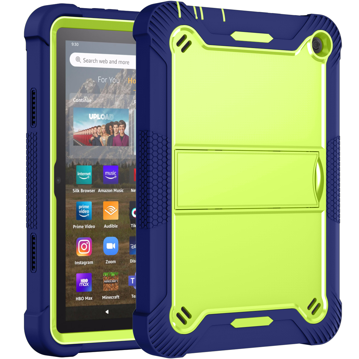 TOZIZO Hybrid Armor Tablet Case for Fire HD 8 / HD 8 Plus (2022) – Full Body Kid-Proof Rugged Tablet Cover with Kickstand – Navy + Neon Green