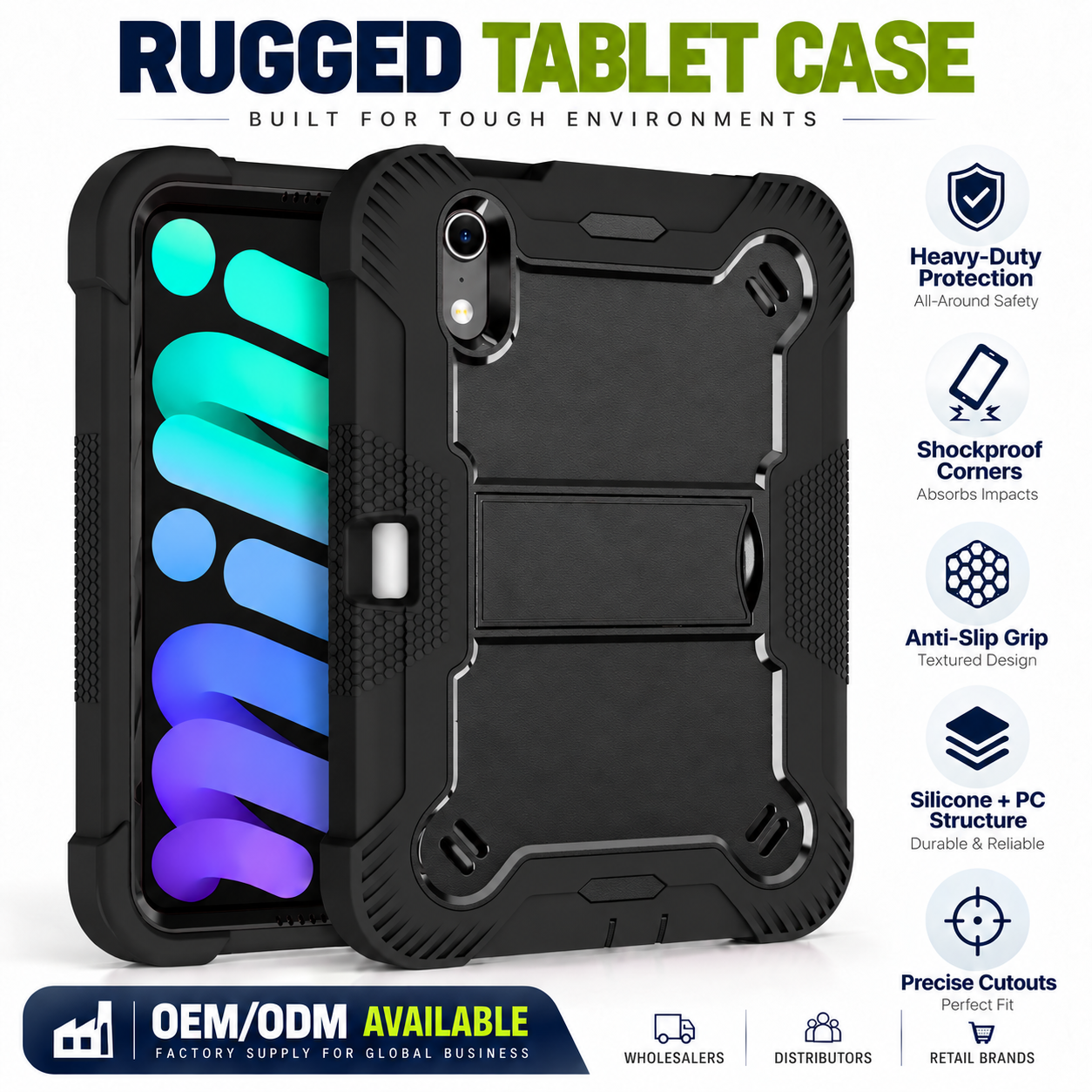 TOZIZO for iPad mini 8 Black Rugged 3-Layer Case with Foldable Landscape Stand | Wholesale