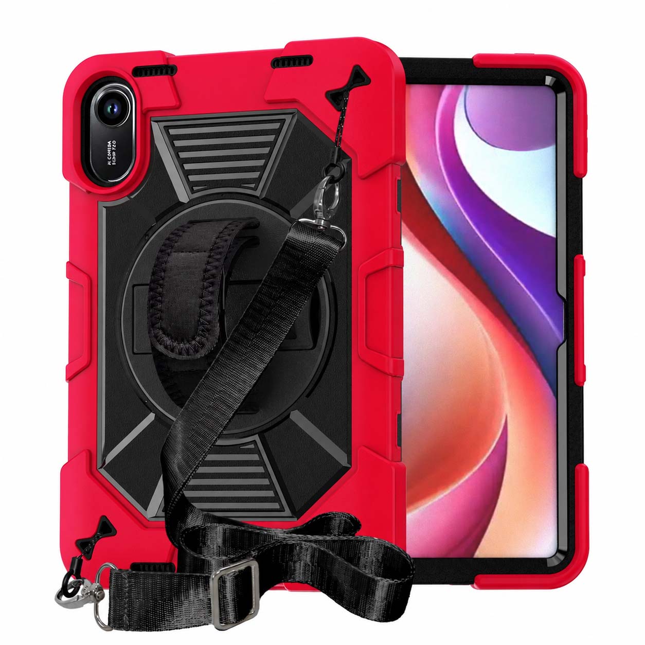TOZIZO Red Heavy Duty Redmi Pad 2 Case – 360° Swivel Kickstand, Adjustable Hand Grip & Shoulder Carry for Field Teams