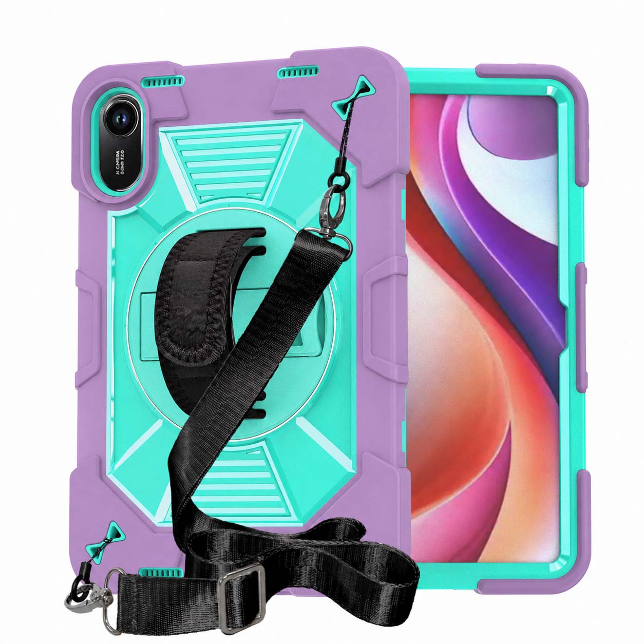 TOZIZO Purple Mint Redmi Pad 2 Protective Case – 360° Rotating Stand, Adjustable Hand Strap & Shoulder Strap for Schools