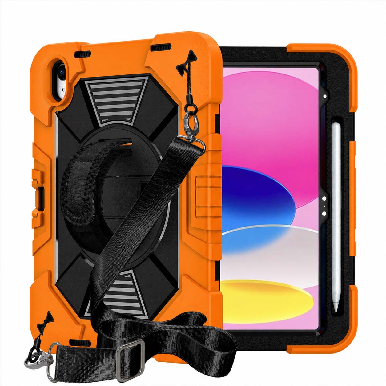 TOZIZO Orange Industrial Case for iPad 10th/11th Gen | 360° Multi-Angle Stand & Wide Shoulder Strap