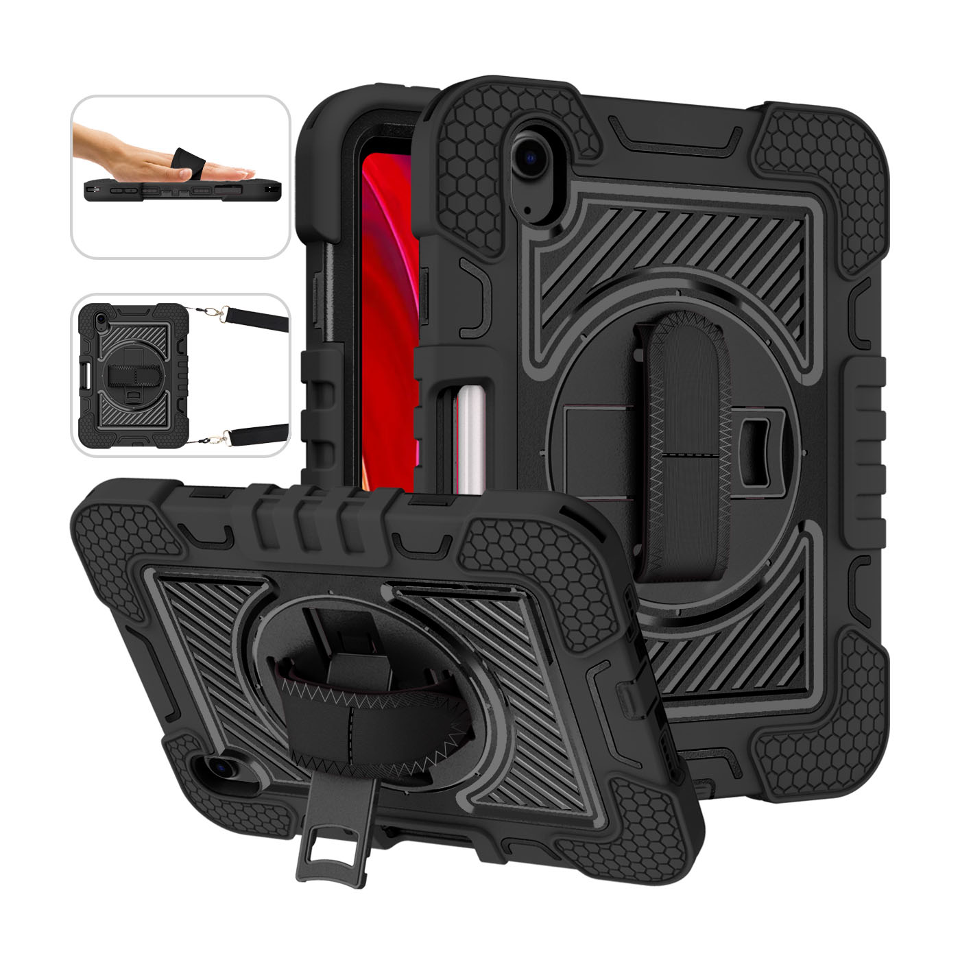 TOZIZO Black Rugged Case for iPad Mini 7 – Shockproof Full Body Cover with 360° Kickstand