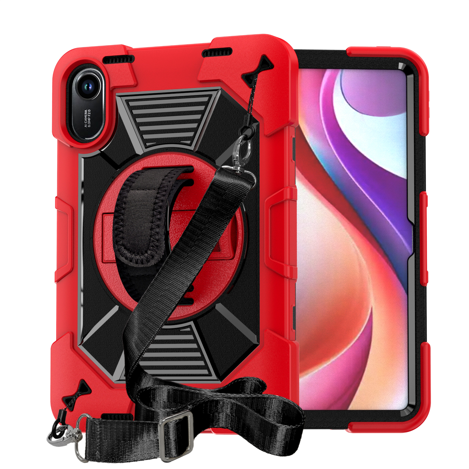 TOZIZO Red Shockproof Redmi Pad 2 Case for Kids with 360 Degree Stand, Hand Strap and Shoulder Strap Tablet Cover