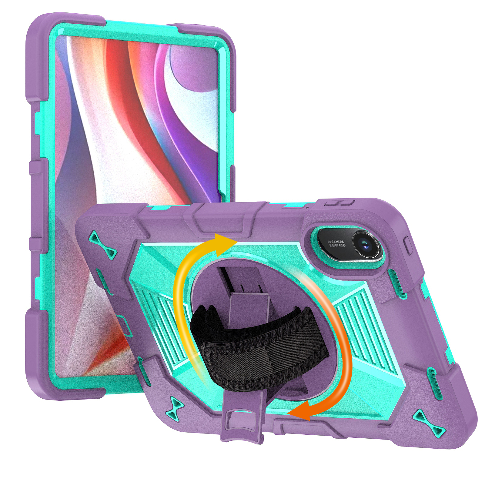 TOZIZO Turquoise Purple Heavy Duty Redmi Pad 2 Case with Swivel Kickstand and Adjustable Carry Strap