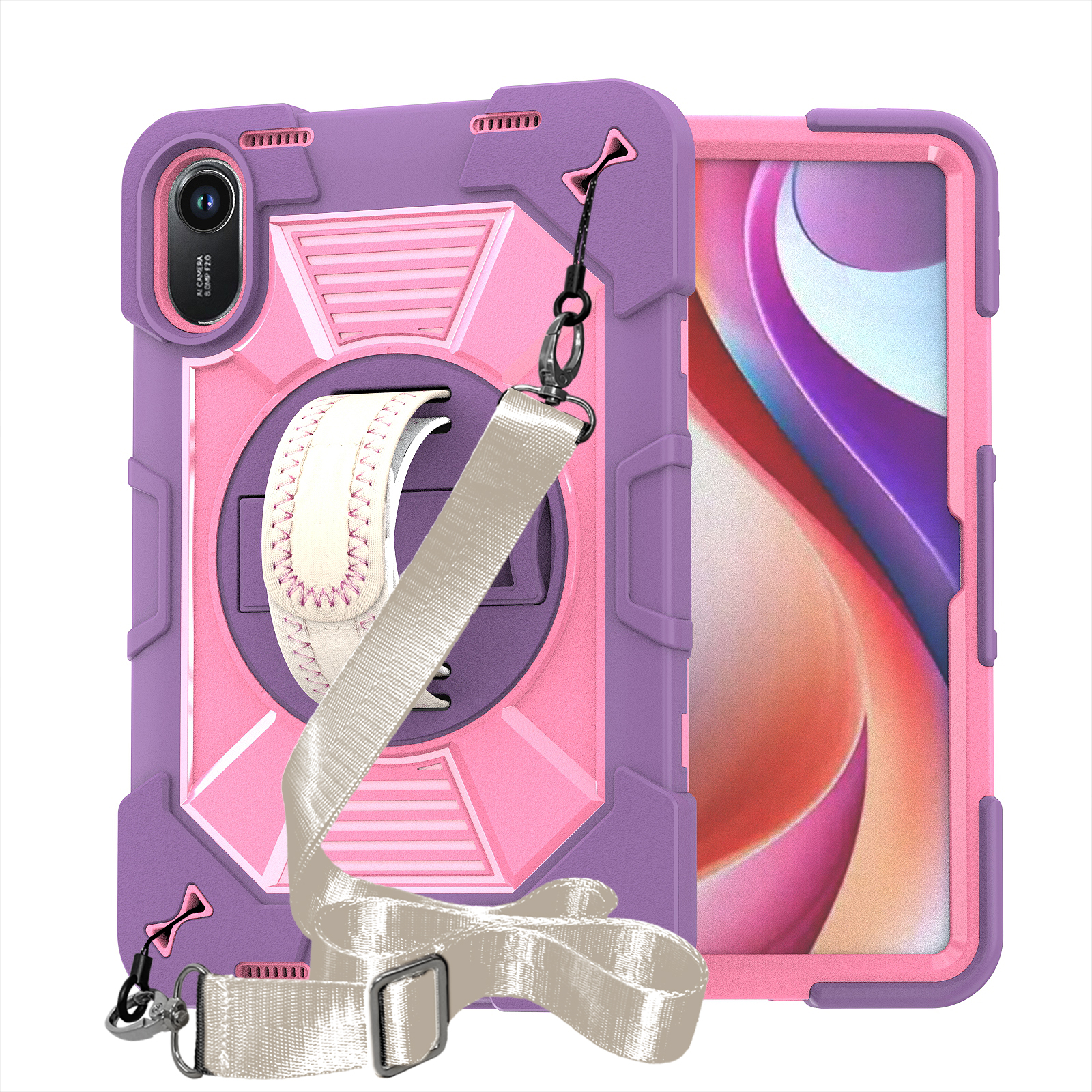 TOZIZO Purple Pink Protective Tablet Cover for Redmi Pad 2, Kids Tablet Case with 360 Stand and Hand Strap