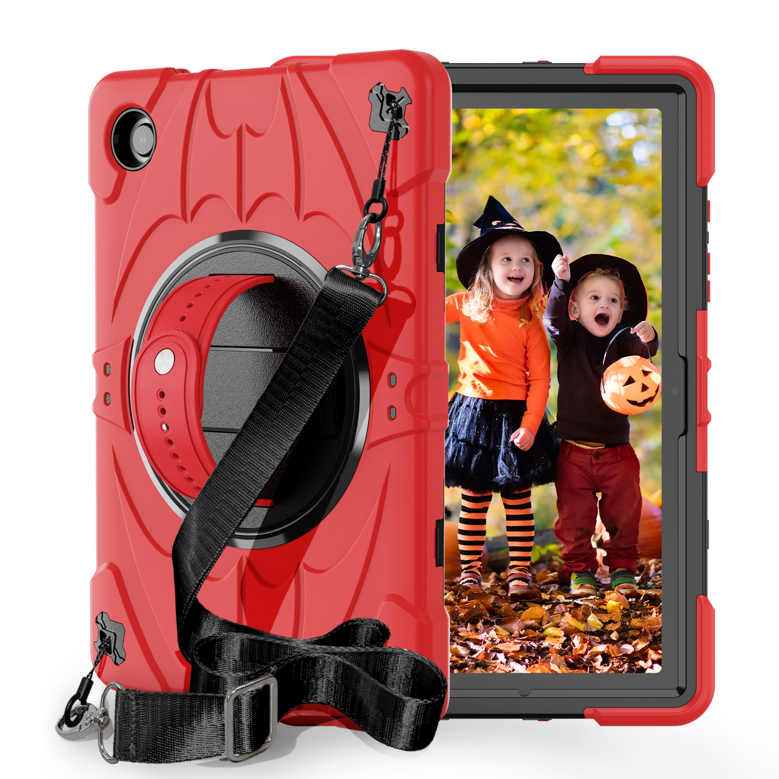 Kid-Friendly Shockproof Tablet Armor Case for Galaxy Tab A8 2021 – Red Triple-Layer Rotatable Stand Cover