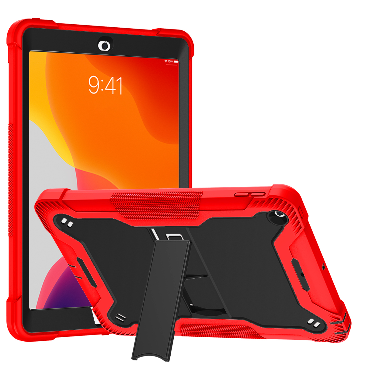 TOZIZO Red + Black Heavy Duty Rugged Tablet Case for iPad 10.2 Inch 7th 8th 9th Gen with Built-in Kickstand