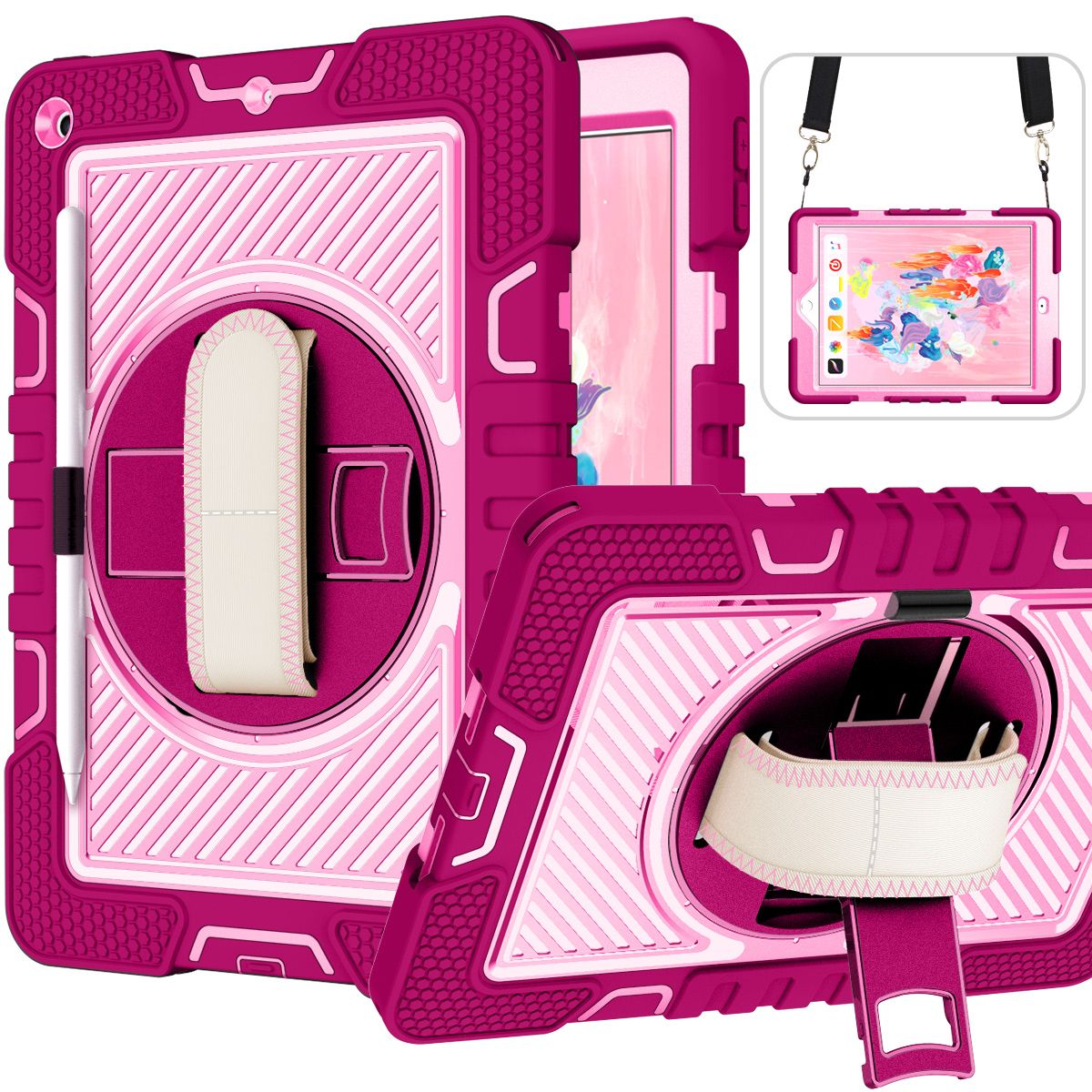 TOZIZO Rose Red + Pink iPad 10.2 Case with 360° Stand, Strap & Grip - Rugged & Cute