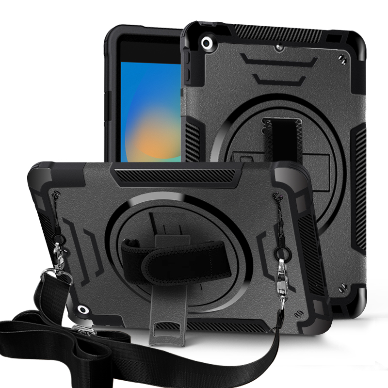TOZIZO Heavy Duty Rugged 3-Layer Hybrid Protective Case with Kickstand, Hand Strap & Shoulder Strap for iPad 10.2 (7th/8th/9th Gen) 10.2 inch – Black