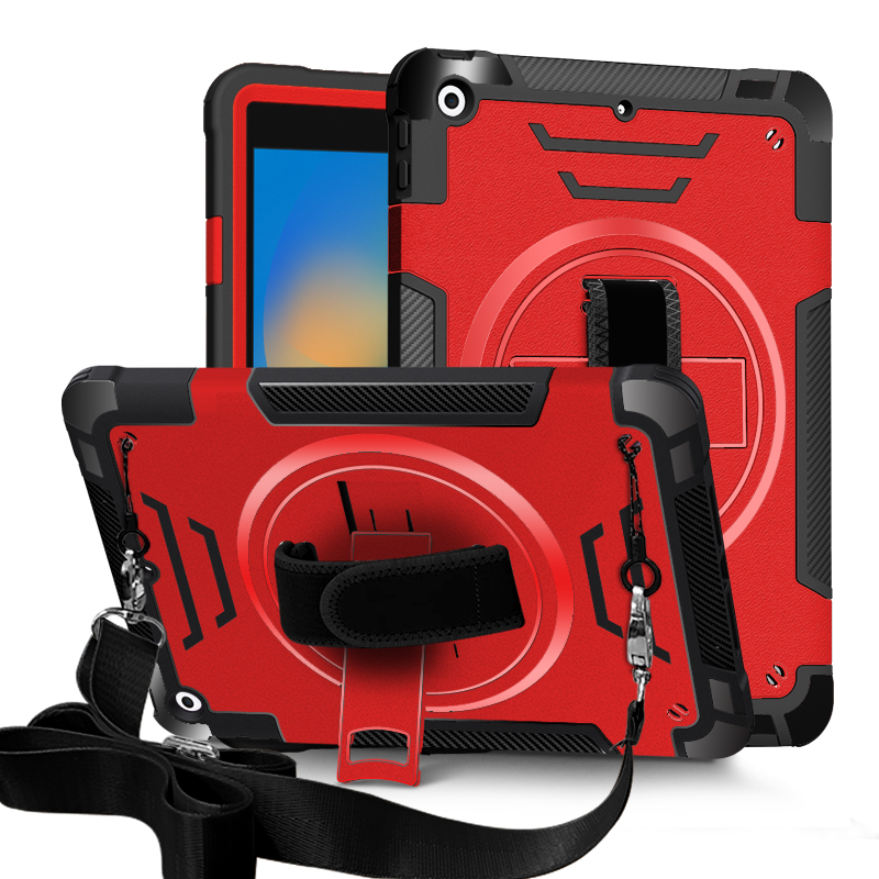 TOZIZO Red Heavy Duty Rugged iPad 10.2 Case with Kickstand, 360° Rotation & Strap