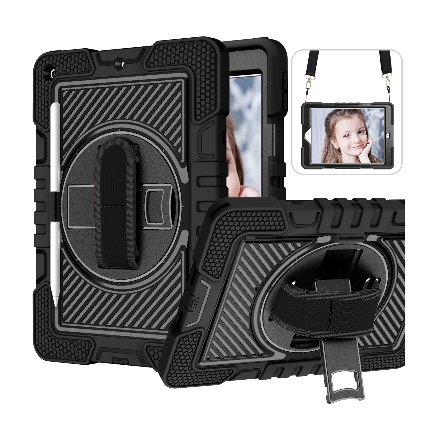 TOZIZO Black Rugged iPad 10.2 Case with 360° Rotating Kickstand & Hand Strap