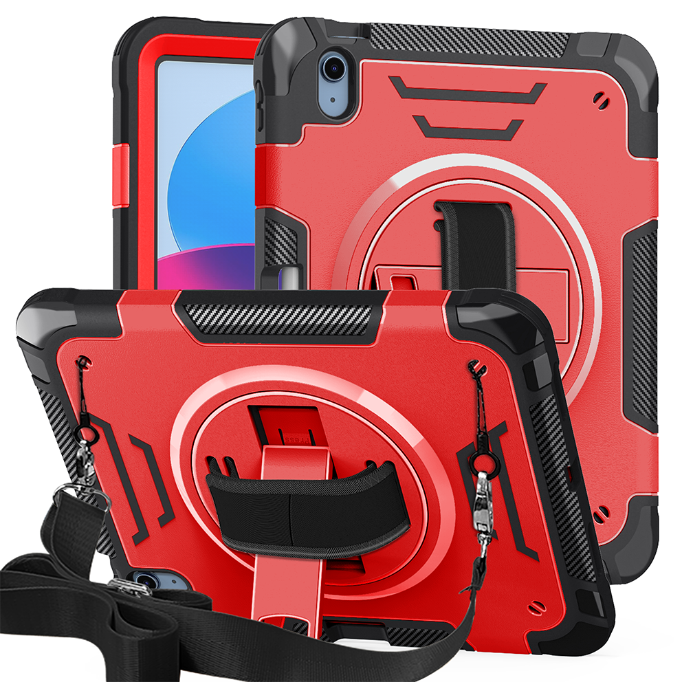 TOZIZO Rugged iPad 10th/11th Case with 360° Kickstand & Hand Strap - Red & Black