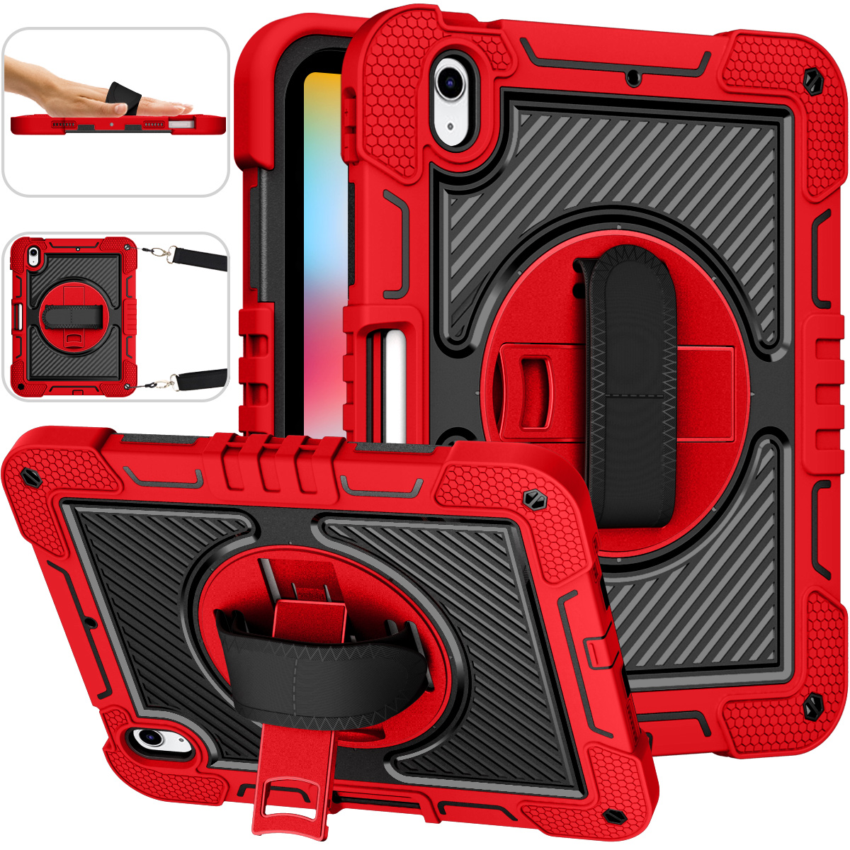 TOZIZO Shockproof Rugged iPad 10th Gen (2022) Case – Red & Black with Kickstand Strap