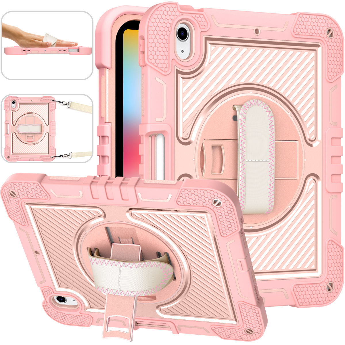 TOZIZO Pink Shockproof Rugged Case for iPad 10th Gen 10.9 (2022) with Kickstand & Strap