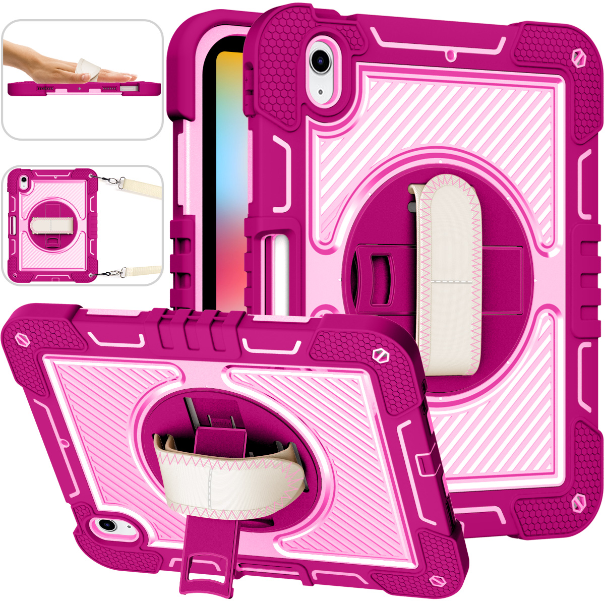 TOZIZO Rose Red & Pink Rugged iPad 10th 10.9 Case with Kickstand and Strap