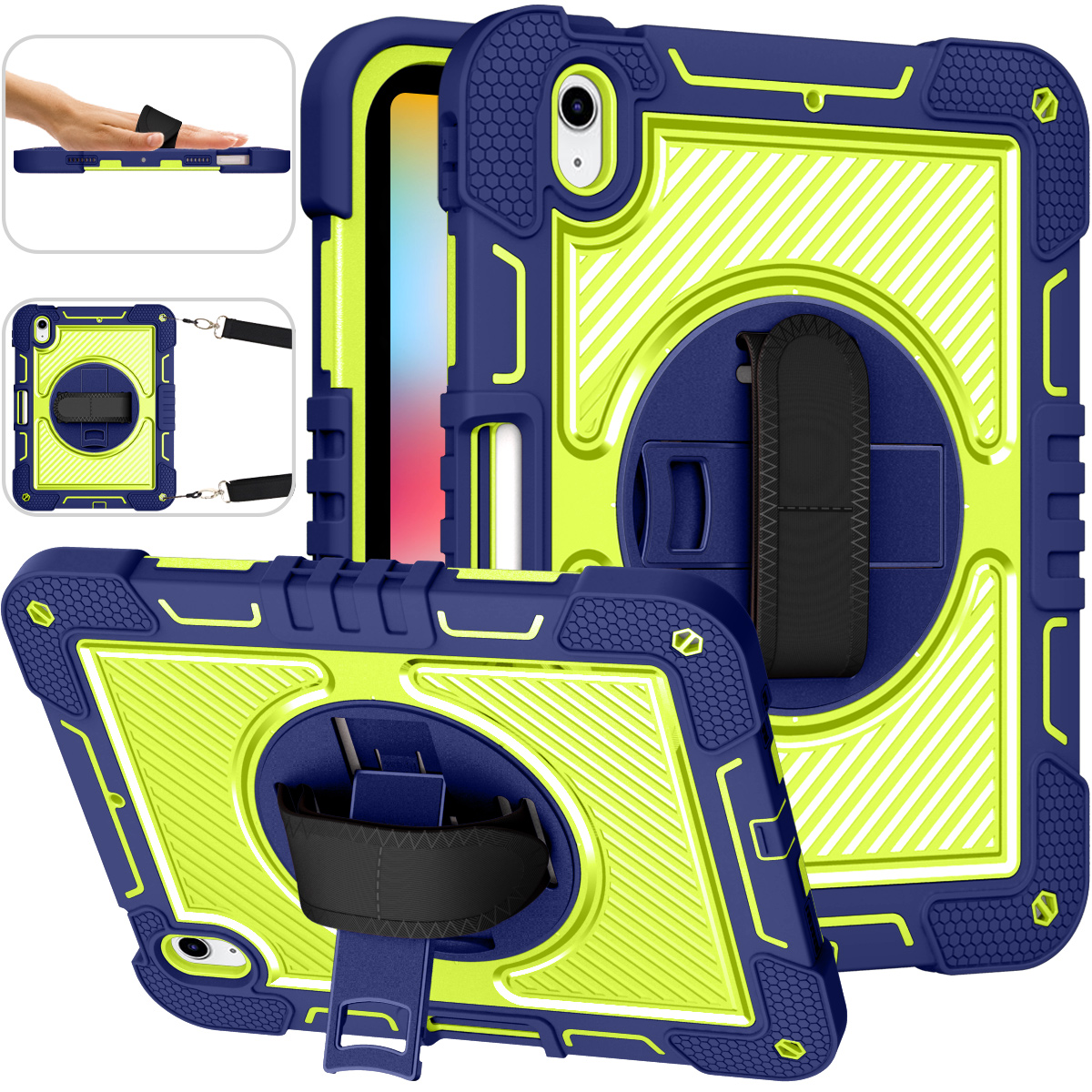 TOZIZO Heavy Duty Rugged iPad 10th (2022) Case – Navy Blue & Yellow Green with Kickstand
