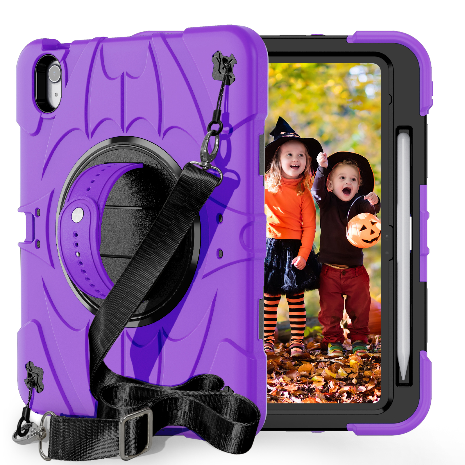 TOZIZO iPad A16 2025 Rugged Tablet Case with 360° Swivel Kickstand, Shoulder Strap & Pencil Holder