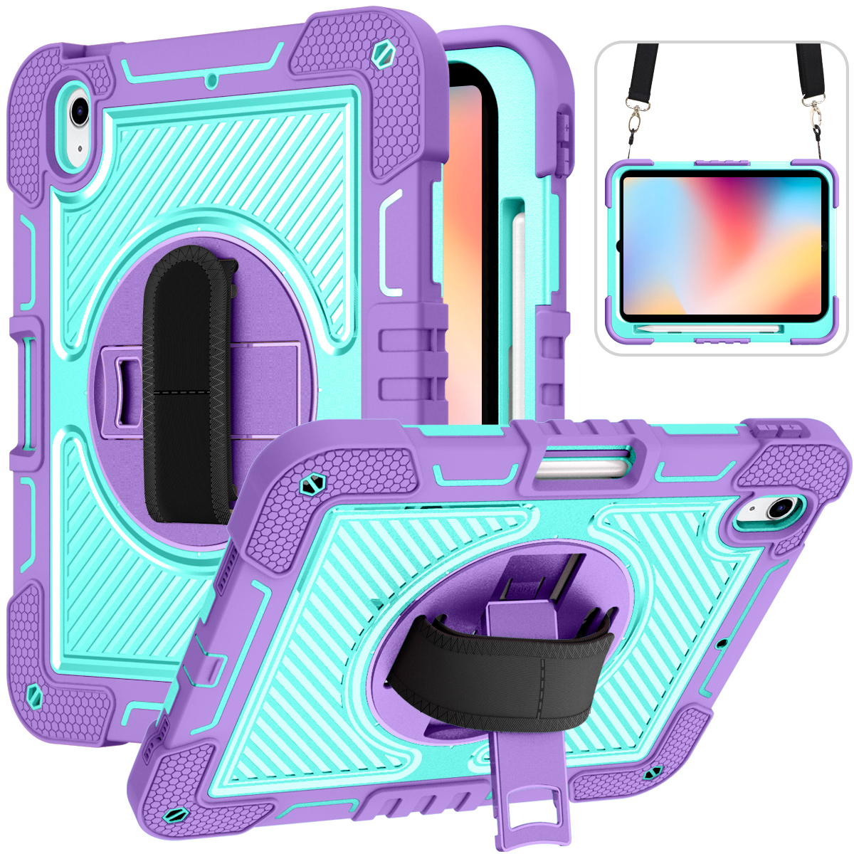 TOZIZO Shockproof Rugged iPad 11th A16 Case – Purple & Mint Green with 360° Kickstand
