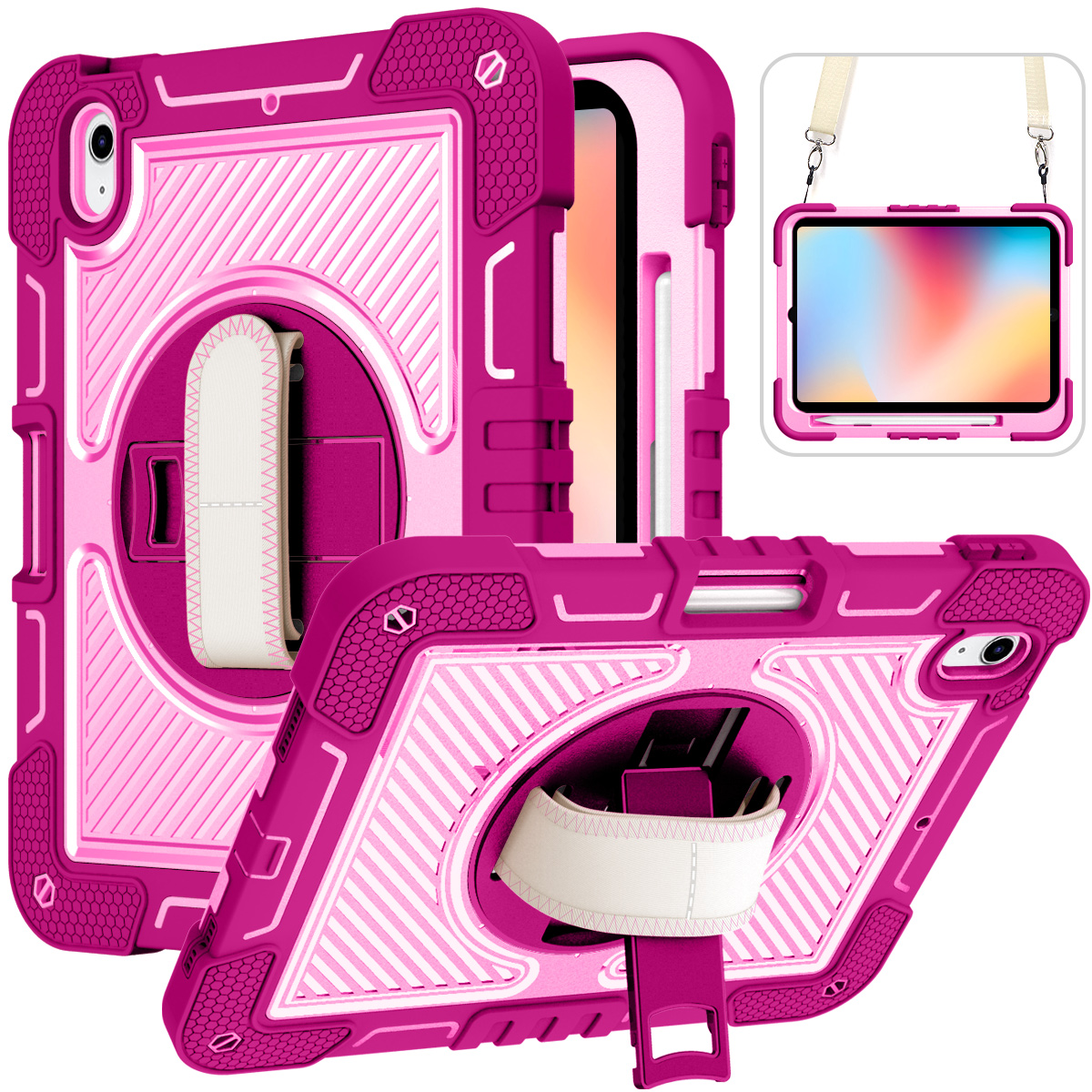 TOZIZO 360° Rotating Stand Rugged iPad 11th A16 Case – Rose Red & Pink