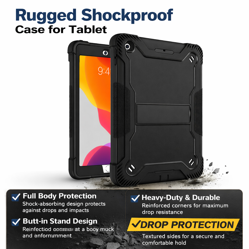 TOZIZO Full Body Protective Case for iPad 10.2 – Black Rugged 3-in-1 Heavy Duty Cover with Kickstand