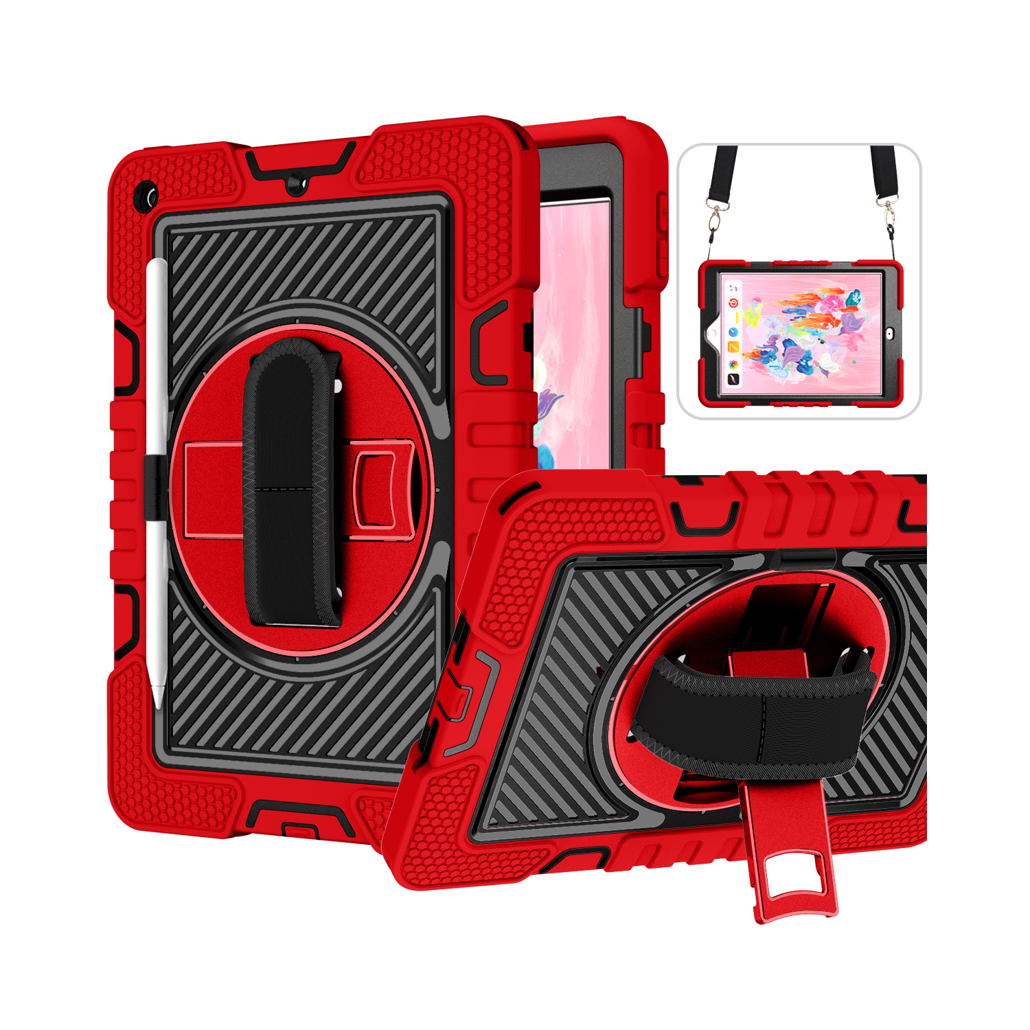 TOZIZO 360° Rotating Shockproof Rugged iPad 9.7 Case - Red & Black Heavy Duty Kids Tablet Cover