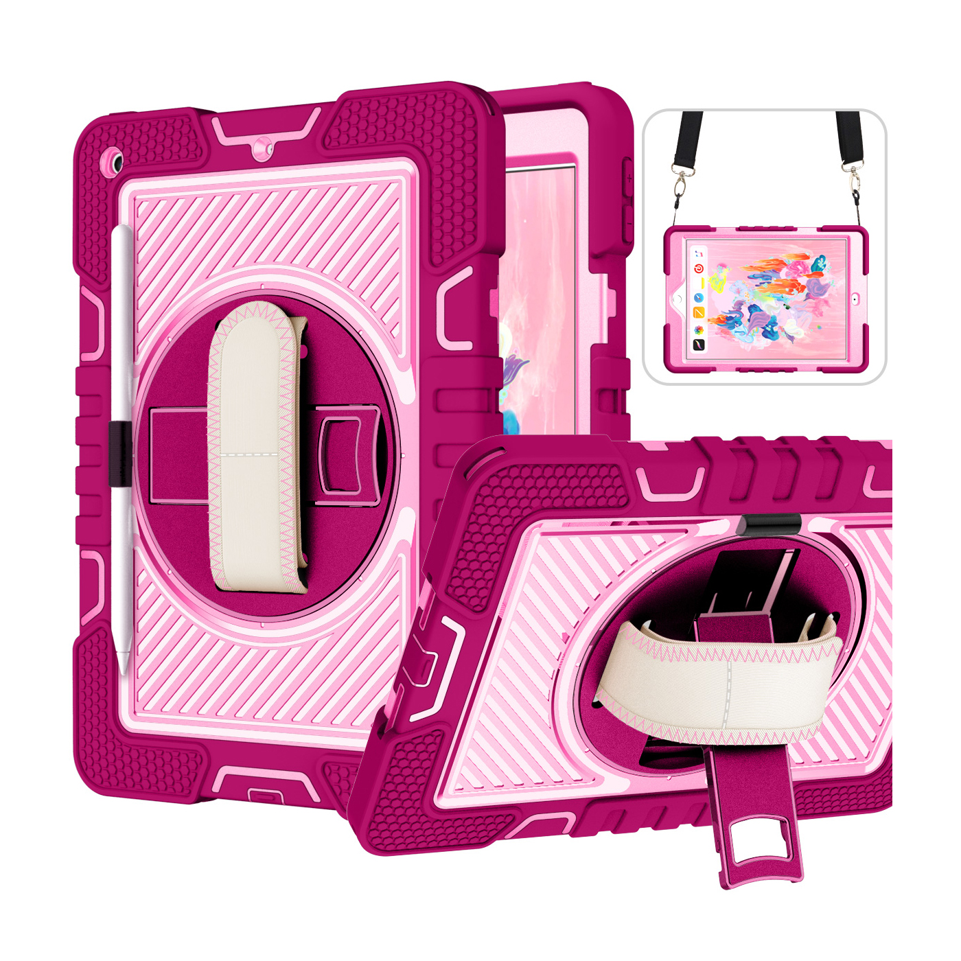 TOZIZO Rugged iPad 9.7 Case for Kids - Rose Red & Pink Shockproof Cover with Kickstand & Strap