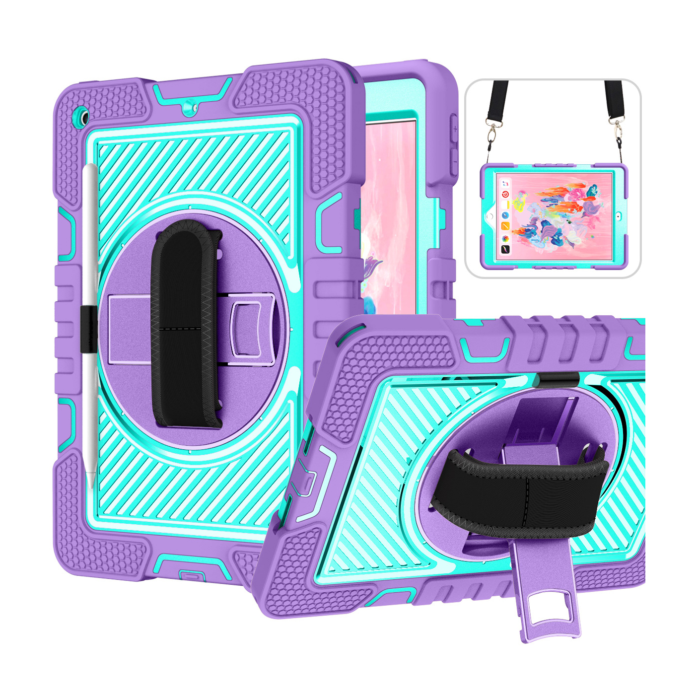 TOZIZO Shockproof iPad 9.7 Case with 360° Kickstand - Purple & Mint Green Rugged Kids Tablet Cover