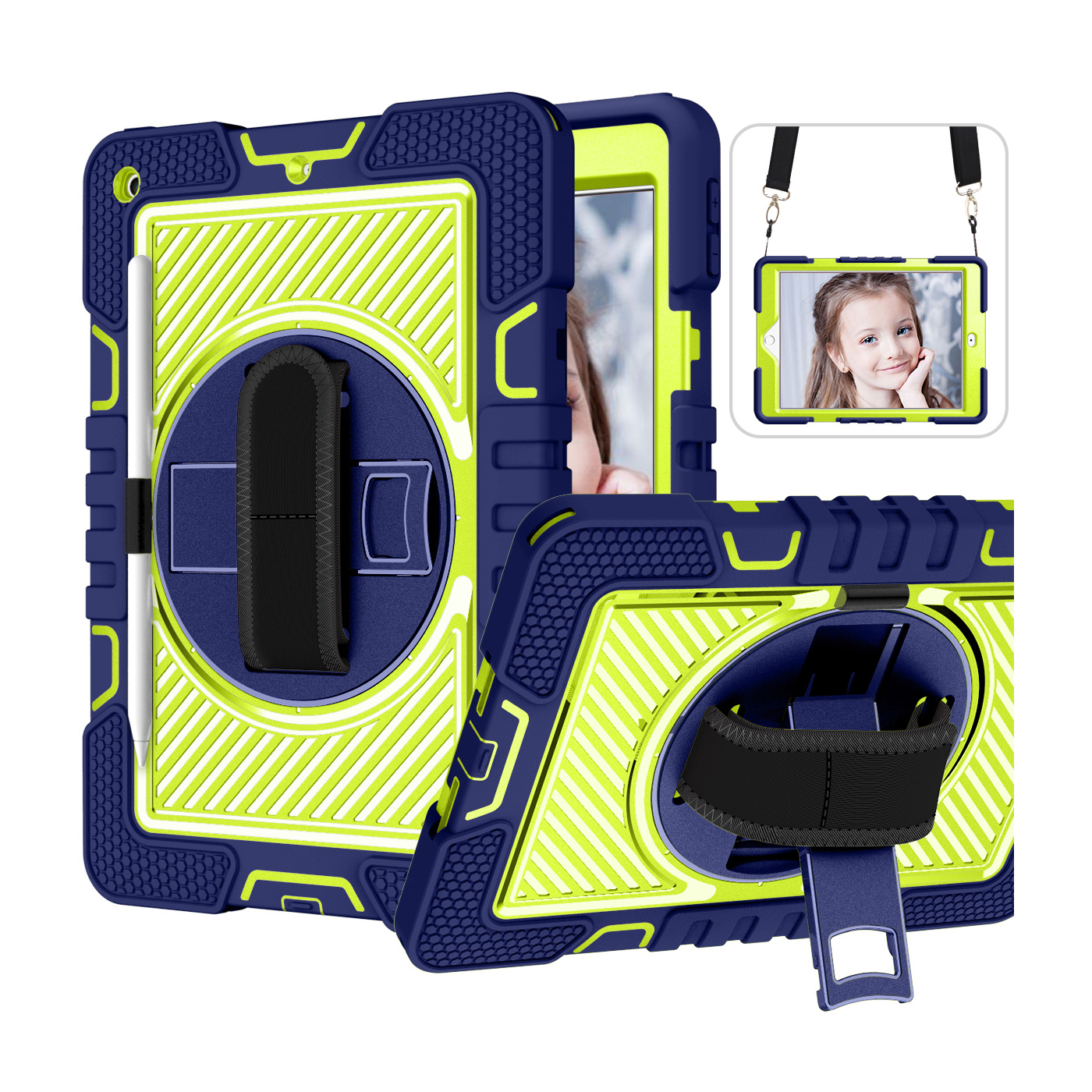 TOZIZO Heavy Duty Rugged iPad 9.7 Case with 360° Kickstand - Navy Blue & Yellow-Green Shockproof Kids Cover