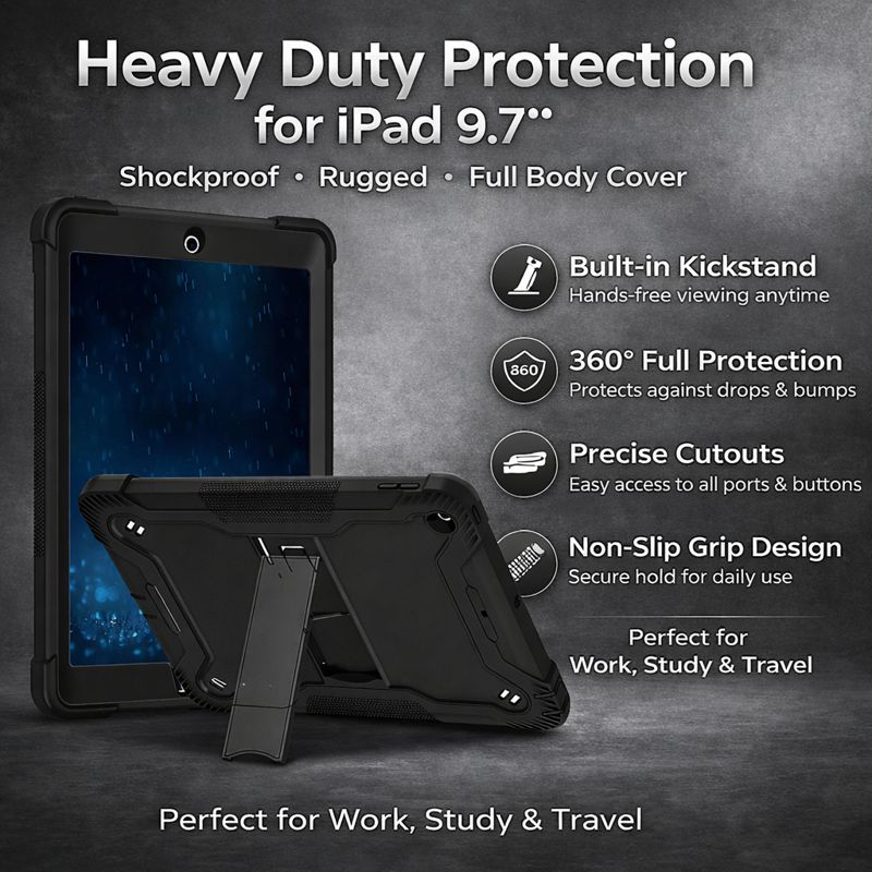 TOZIZO Heavy Duty Rugged iPad 9.7 Case with Kickstand - Full Black Shockproof Cover