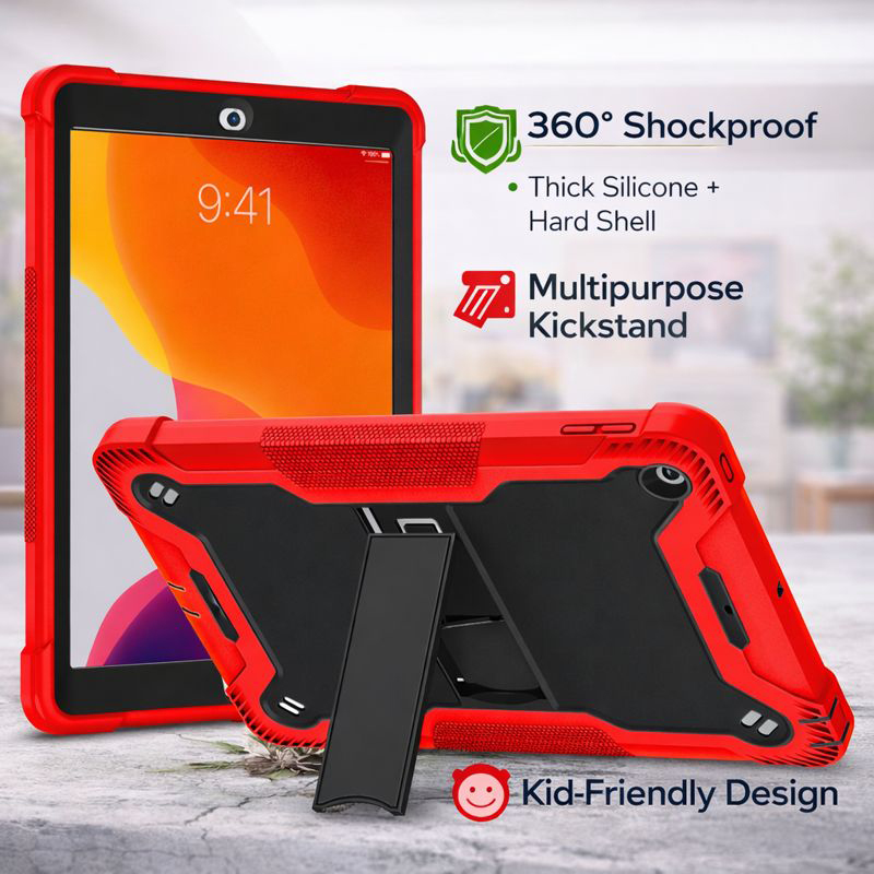 TOZIZO Heavy Duty Shockproof iPad 10.2 Case - Red Rugged School-Ready Tablet Cover