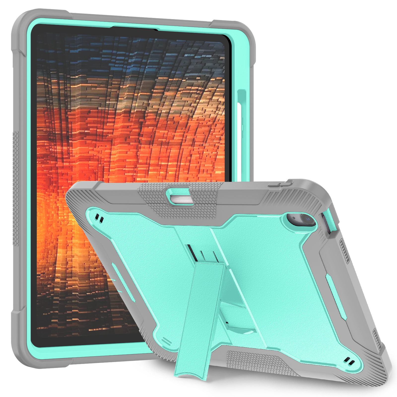 TOZIZO Mint Green + Gray iPad Air 13 (2024) Tablet Case Heavy Duty Rugged Shockproof Kids Stand Cover