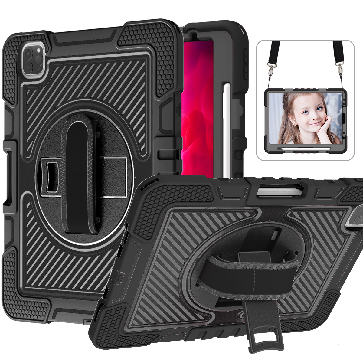 TOZIZO Black Rugged iPad Air5 10.9 Case | 360° Rotating Kickstand + Triple-Layer Shockproof Full-Body Cover