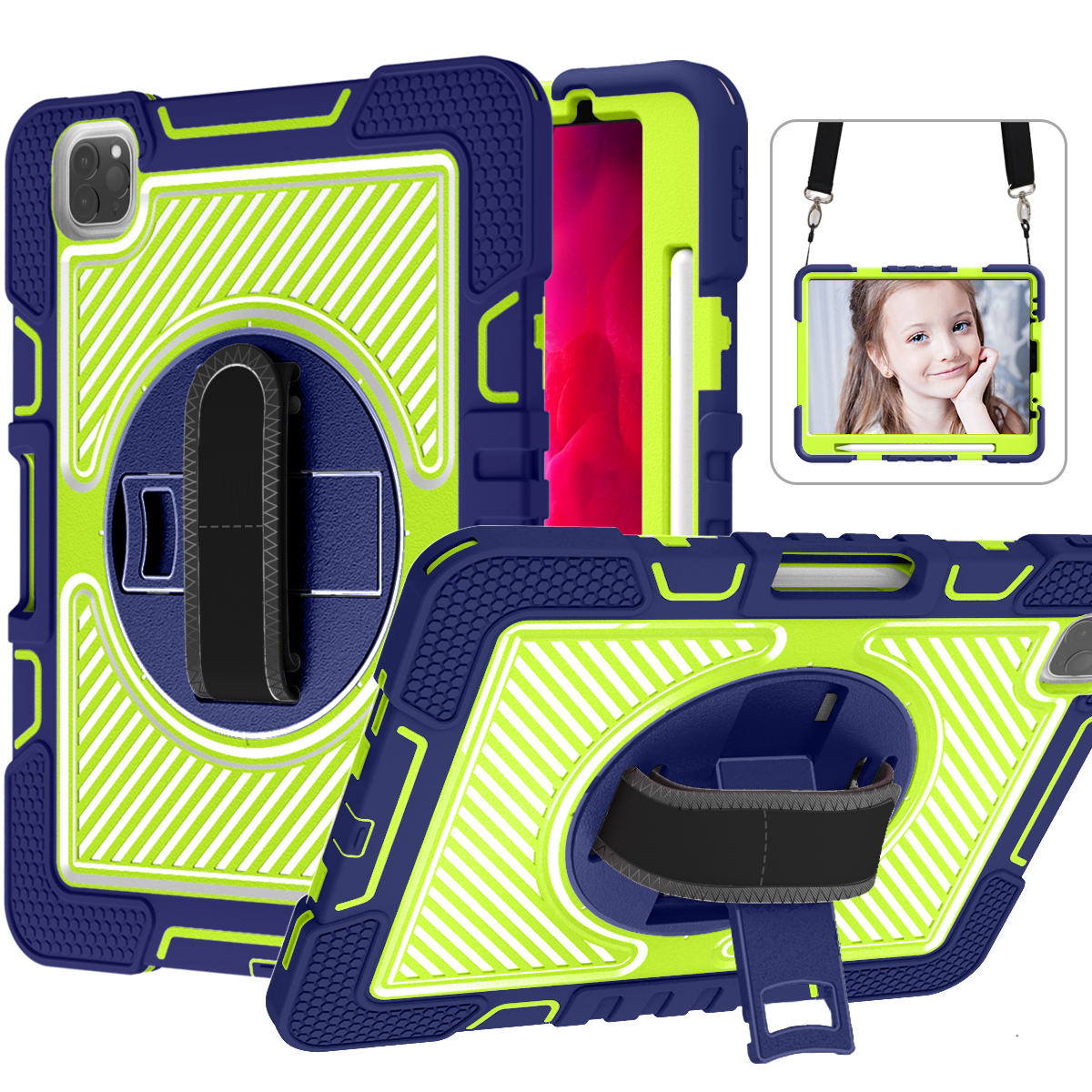 TOZIZO 360° Rotating Rugged iPad Air5 10.9 Case - Navy Blue & Yellow Green | Shockproof, Kickstand, Triple Layer Protective Cover