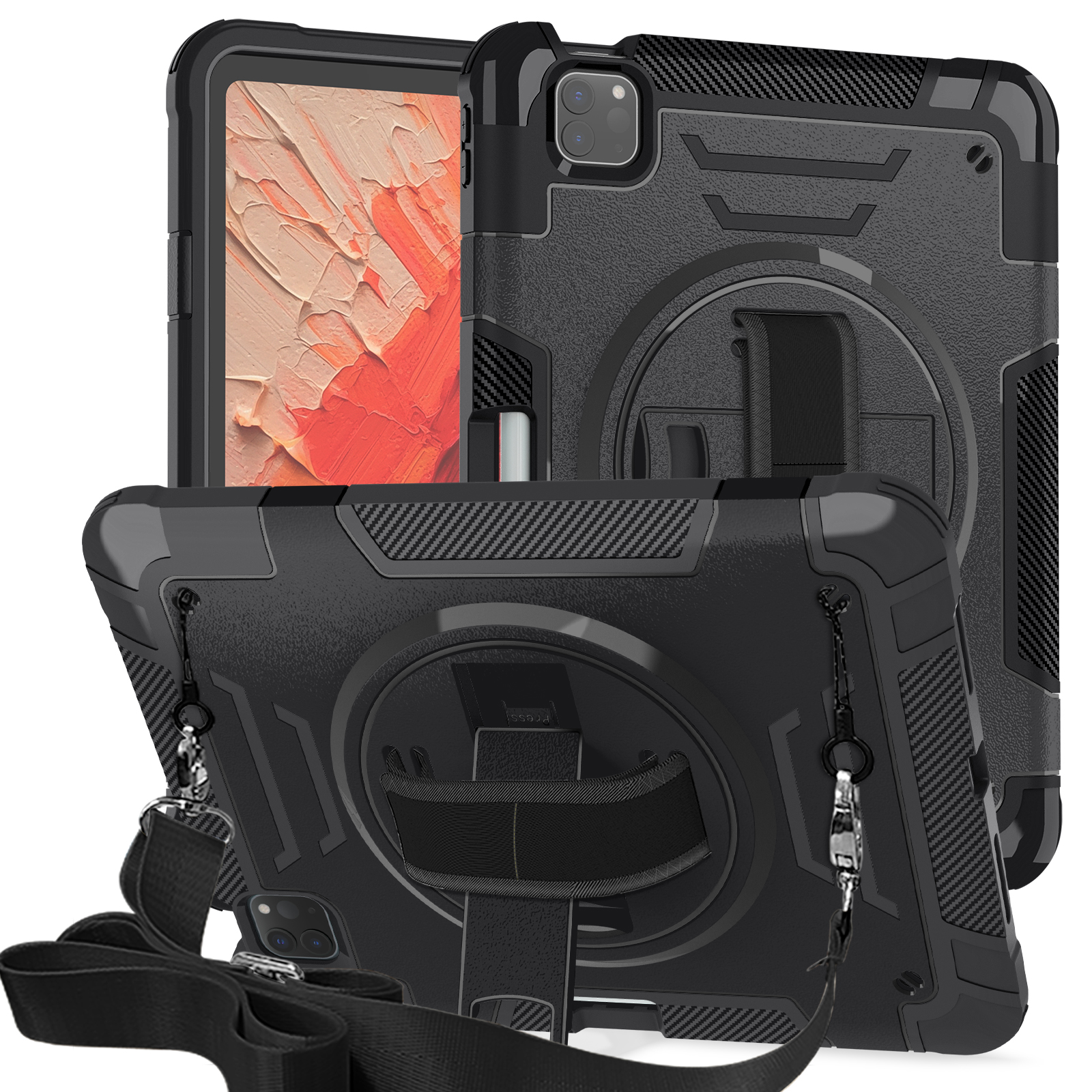 TOZIZO Black Heavy Duty iPad Air5 Case | Full Body Shockproof with Kickstand & Strap