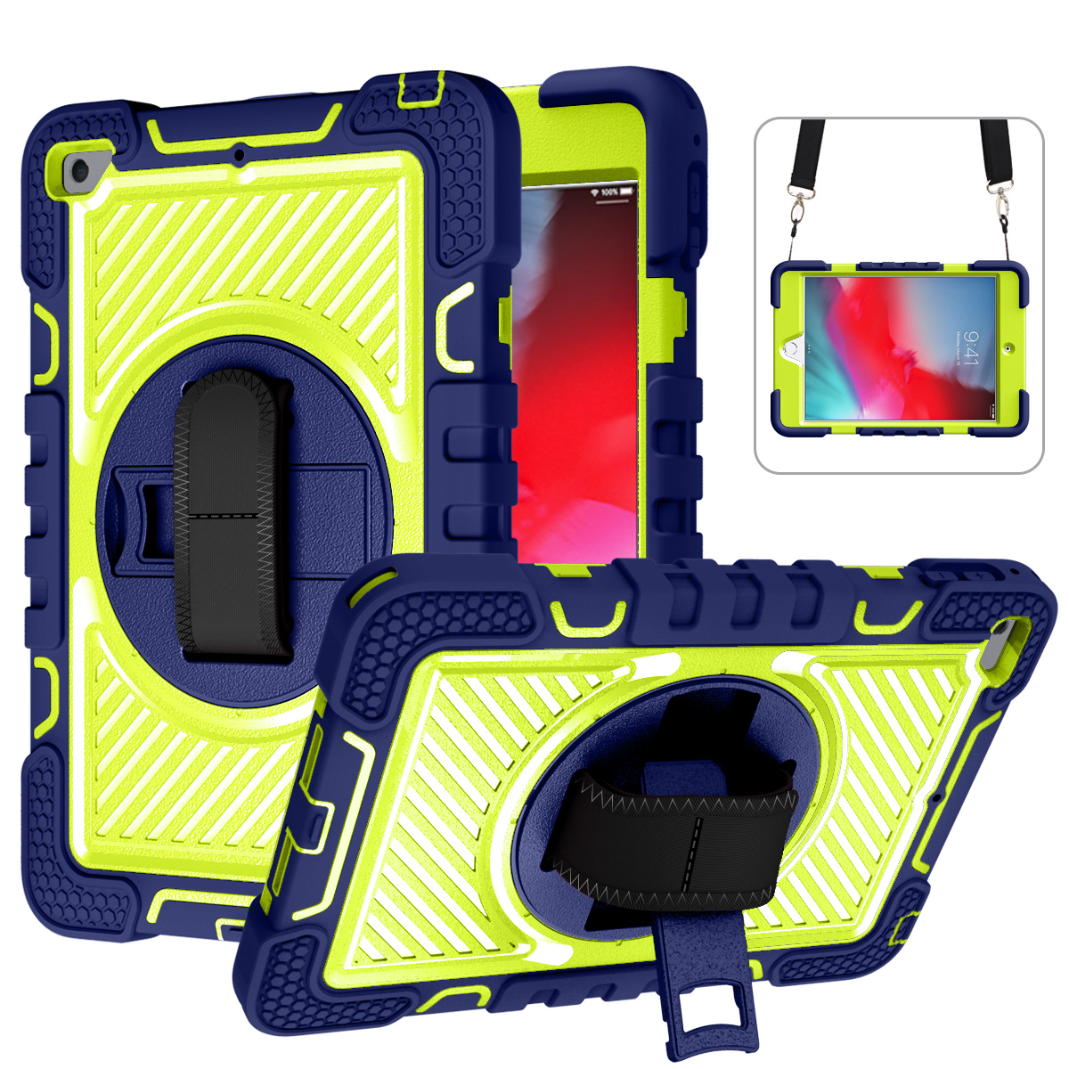 TOZIZO Tablet Case for iPad Mini 4/5 Heavy Duty 360° Rotatable Kickstand Case with Shoulder Strap - Navy Blue & Yellow Green