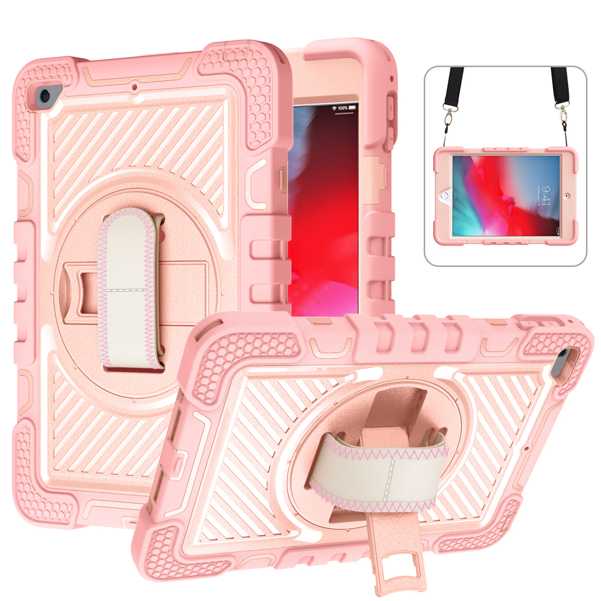 TOZIZO Pink Shockproof Rotatable Stand Case with Strap for iPad Mini 4/5 Tablet Case